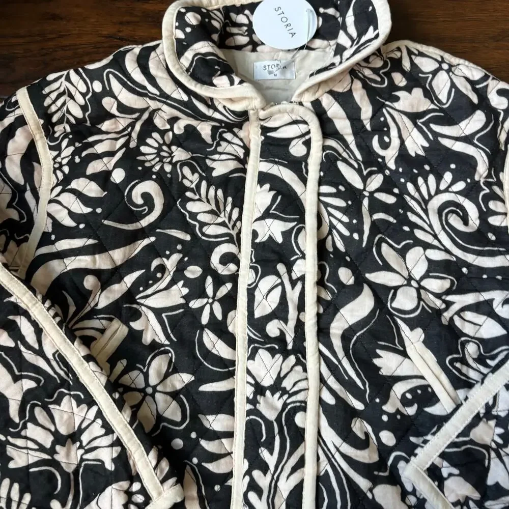 NWT Storia Quilted Jacket Sz M Paisley Printed Black Beige Grannycore